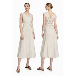 LAFAYETTE 148 NEW YORK SIRI SONATA STRIPE SLEEVELESS WRAP KHAKI DRESS SZ 12